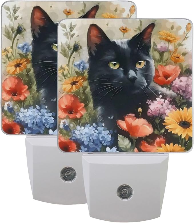 Black Cat with Flower Night Light Dusk to Dawn Sensor LED Night Dimmable Nightlight Lights Plug into Wall for Living Room
