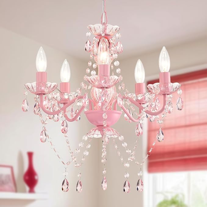 Small Pink Chandelier for Girls Room 5 Light Pink Acrylic Crystal Chandeliers Small Kids Chandelier for Bedroom