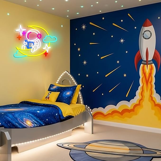 Astronaut Read Books Neon Sign Dimmable Reading on Moon Neon LED Light Spaceman Learning Light Sign for Wall Decor Bedroom Office Classroom