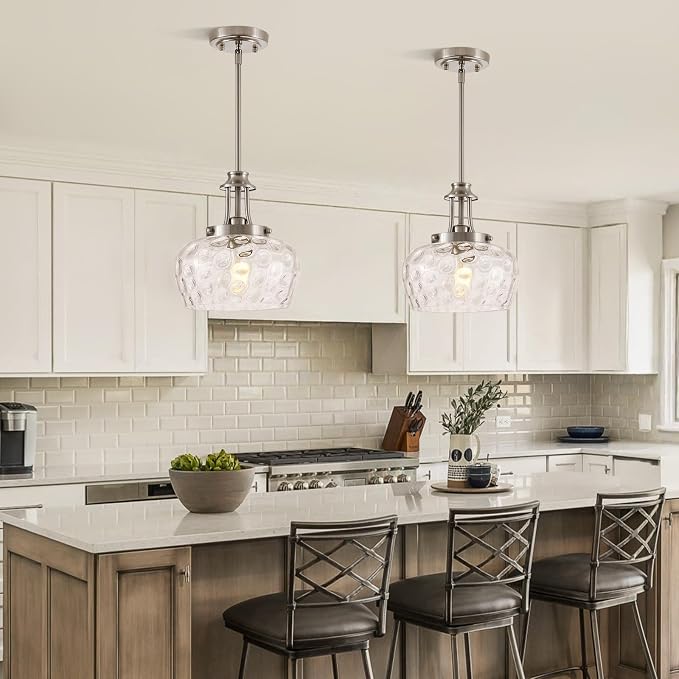 Modern Pendant Lights Kitchen Island, Brushed Nickel Pendant Light Fixtures with 10" Clear Hammered Glass Shade, Industrial Hanging Pendant Lights Fixture for Kitchen Island Dining Room Bedroom Foyer