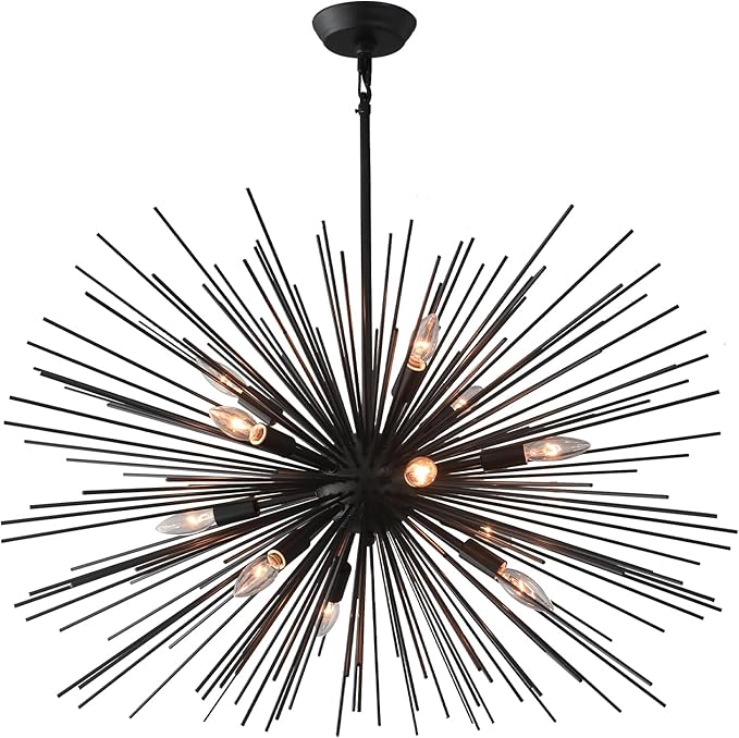 33.85" Black Sputnik Chandelier Vintage 12-Light Geometric Starburst Chandelier Light Fixture Large Solid Metal Black Sputnik Chandeliers for Dining Room, Kitchen, Bedroom, Living Room, E12
