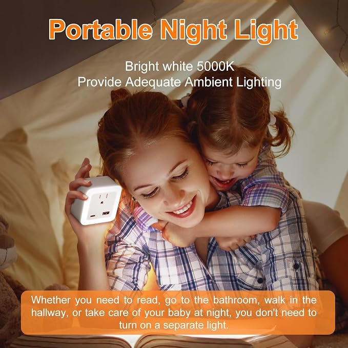 Night Lights Plug Into Wall 4 Pack Dusk to Dawn Sensor & Dimmable | 5000K Cool White Rechargeable Battery Backup Night Light with Outlet Expander for Adults Kids Bedroom, Kitchen, and Bathroom