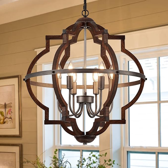 23'' 6-Light Wood Farmhouse Chandelier for Dining Room Vintage Rustic Oak Brown Pendant Light Fixtures Globe Hanging Ceiling Lighting for Hallway Entryway Foyer Kitchen Living Room Bedroom