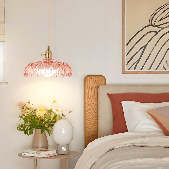 Battery Operated Pendant Light,Vintage Light Fixtures RGB Light Bulb 2500mAh 9.4in Pink Modern Chandelier with Remote Control Wireless Adjustable Rechargeable Chandelier for Kitchen Island 1Light