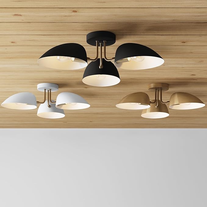 Nathan James Argo Semi Mount Flush Ceiling Light, 3-Lights Modern Retro Lighting with Black Rounded Shades for Hallway, Dining Room and Bedroom, Brass Gold/Black