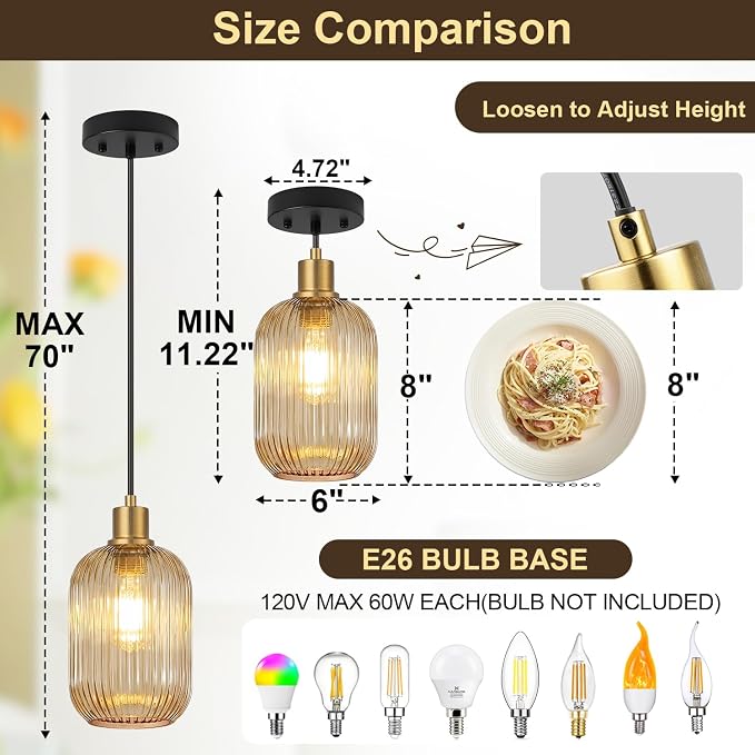 2 Pack Pendant Lights with Vintage Amber Ribbed Glass Lampshade, Adjustable Black and Gold Pendant Lights Fixtures for Kitchen Island Lighting Sink, Dining & Living Room Hallway (Bulbs Not Included)