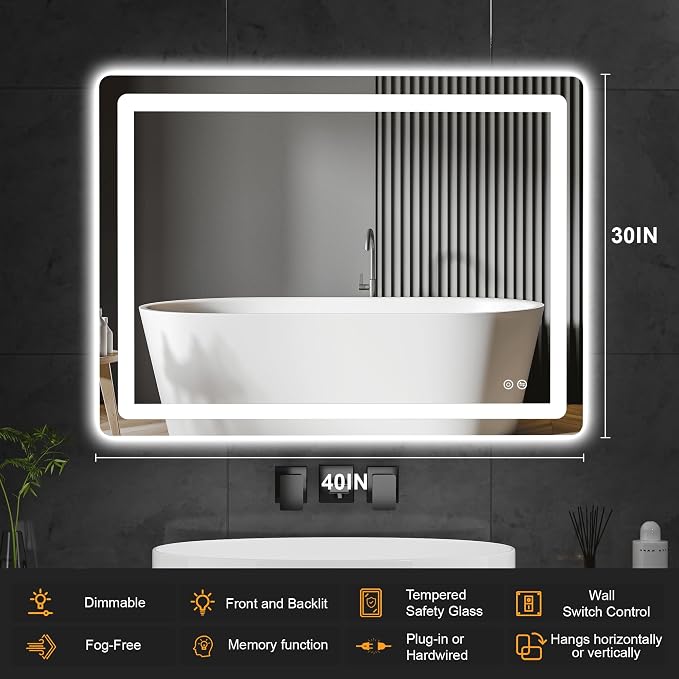 LED Bathroom Vanity Mirror with Lights, 30"x40" Lighted Wall Mirror | Front and Backlit, Anti Fog, Dimmable 3 Color Lighting, Memory Function, Shatterproof Glass, Plug in or Hardwired