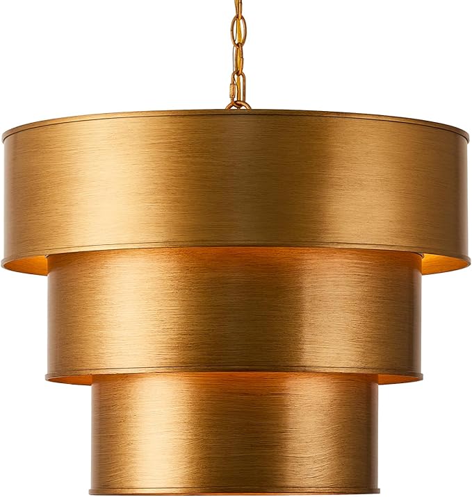 21" Vintage Metal Drum Chandelier, 7-Light E12 Industrial Adjustable Chain Hanging Pendant Light Fixtures. 3 Layer Lampshade Gold Metal Drum Chandelier for Foyer Entryway, Kitchen, Bedroom