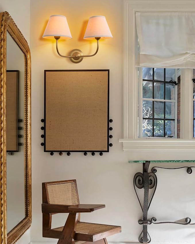 Vintage 2-Lights Fabric Sconces Wall Lighting with 8.66" Diam Linen Cloth Shade, Double Arm Wall Lamp Fixture for Living Room Bathroom Bedroom Hallway