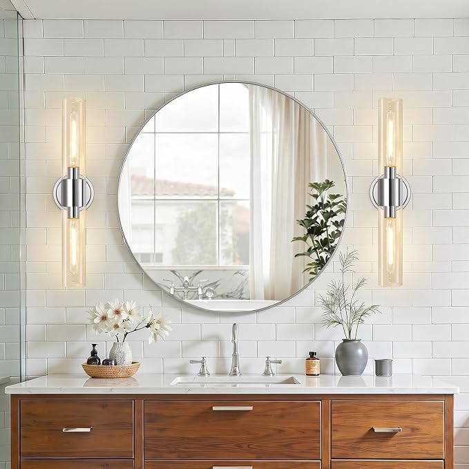 Wall Sconces Set of Two, Modern Bathroom Sconces Wall Lighting with & Clear Glass Glass, Chrome Sconces Wall Decor Set of 2 for Bathroom Mirror Bedroom Living Room Hallway