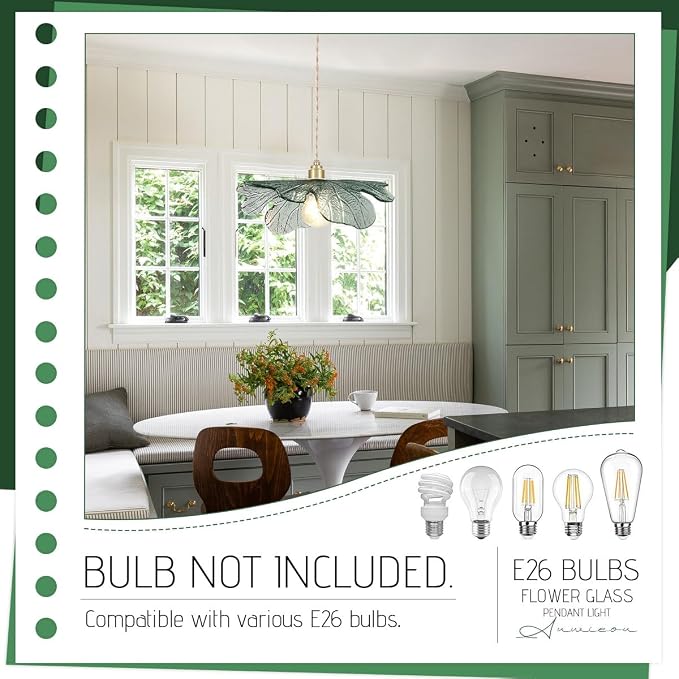 15.74" Large Glass Pendant Lights Dark Green Leaf Shade for Kitchen | Vintage Hanging Light Hand Blown Unique Flush Mount chandelier, Gold Brass E26, 59" Adjustable, Dimmable for Dining Room