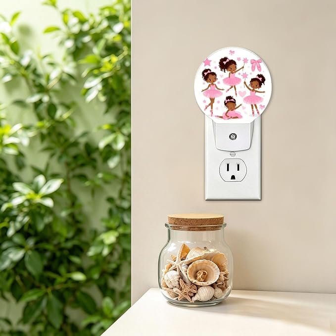 Night Lights Plug into Wall Cute Ballet Girls Cartoon Nightlight Round Lamp | Pink Plug in Night Lights for Wall Socket with Dusk-to-Dawn Sensor for Bedroom, Bathroom and Living Room
