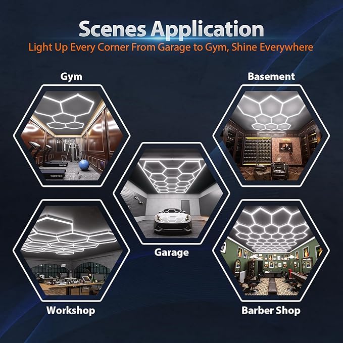 Hexagon Garage Lights: 476W 68 Pack 17 Grids LED Garage Lights - Easy Install 6500K Super Bright Honeycomb Light for Warehouse, Car Detailing Shop, Exhibition Hall, Gym