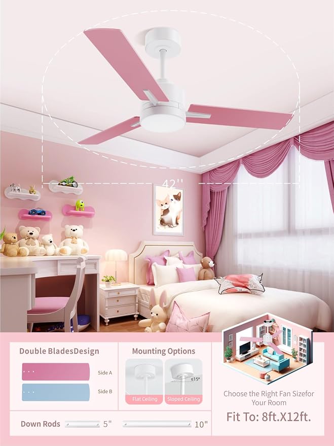 LANMEL Metal Ceiling Fan with Lights and Remote, 42 Inch, Pink & Blue | Modern Low Profile Flush Mount, Reversible, 3CCT Dimmable, Quiet, LED, For Bedroom, Living Room, Indoor/Outdoor Patio Use