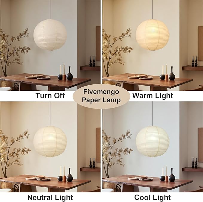 23.6in Paper Lanterns Plug in Hanging Lamp Off-White 19.7FT Cord | Rice Paper Lamp Lantern Pendant Light Large Globe Japanese Japandi Wabi Sabi Chandelier for Dining Living Room Bedroom 2 Pack