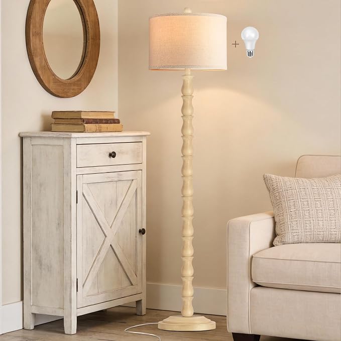 63.5" Rustic Floor Lamp for Living Room, Farmhouse Floor Lamp with Rotary Switch & Linen Shade, Vintage Resin Tall Standing Lamp for Bedroom Corner Office Home Decor, Cream (LED Bulb Included)