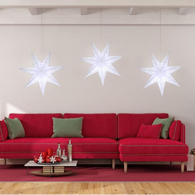 Kingdder 20 in Christmas Paper Star Lanterns Lampshade with White LED Light 7 Pointed Moroccan Hollow out Stars Hanging Party Decoration for Weddings Christmas Tree Birthday