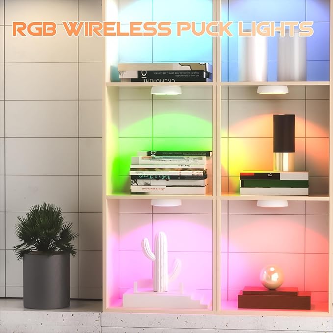 Motion Sensor Closet Lights, USB-C Rechargeable Under Cabinet Puck Lighting with RGB & 3 Color Temperatures, Dimmable Battery Powered Step Lights for Kitchen, Stairs, Wardrobe