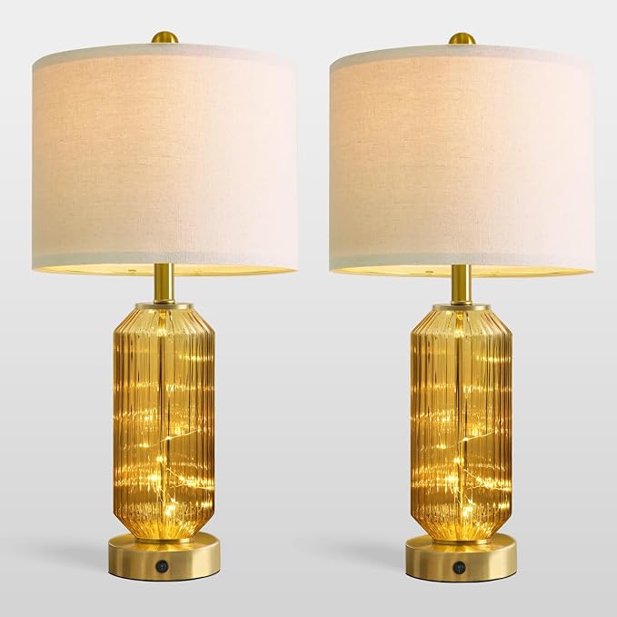 24.5" Bedside Table Lamps Set of 2, Amber Glass Nightstand Lamps with USB A+C Charging Ports and Night Light, Gold Modern Lamps for Bedroom, Living Room, End Table (2 Bulbs Included)