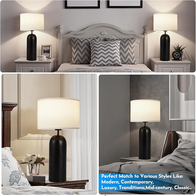 22-inch Tall Table Lamps - Set of 2 Black & White Touch Control 3-Way Dimmable Lamps with USB A+C Ports for Bedroom or Living Room