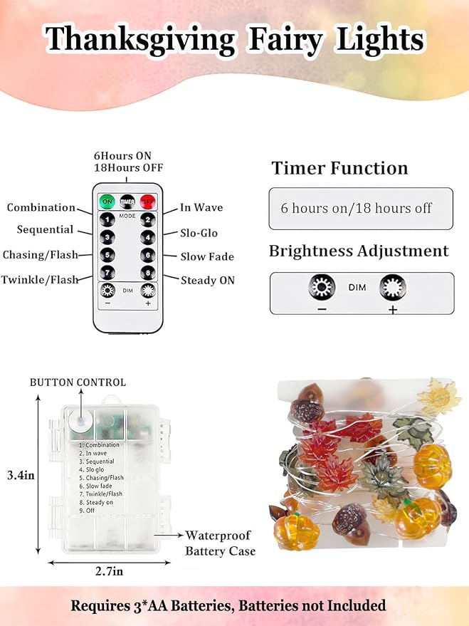 Fall Decor 3D Pumpkin Acorn Maple Leaf Fairy Lights Battery Operated Remote | 10FT 30 LED, 8 Modes & Timer, IP44 Waterproof Twinkle String Lights for Indoor Outdoor Harvest Thanksgiving Halloween Decor