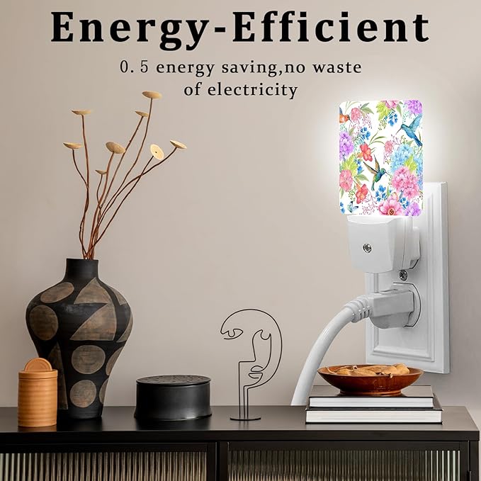 Hummingbird Flower Night Light, Plug-into Wall Spring Floral Flower Nightlight Lamp with Dusk to Dawn Sensor, Led Lamp 0.5W Energy Efficient for Boys Girls Adults Home Decor