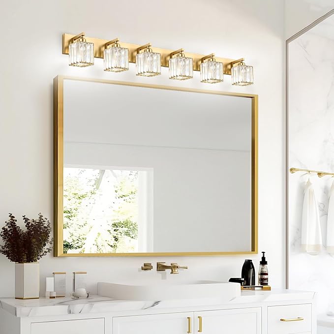 Gold Crystal Bathroom Vanity Light, 6-Light Modern Bathroom Lighting Fixtures Over Mirror,Chrome Wall Sconce Light Fixtures with Square Shade