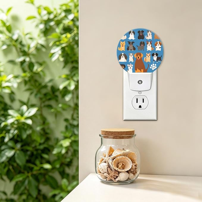 Nightlight Colorful Dogs Night Lights Plug Into Wall Auto Sensor | Cute Cartoon Night Light Auto Led Sleep Round Lamp for Living Room Hallway Stairs