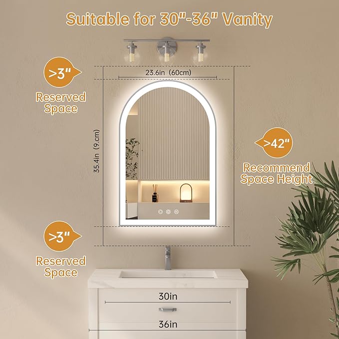 Arched LED Mirror for Bathtoom 24"x36", Silver LED Bathroom Mirror with Lights-Fogless, Dimmable, Shatterproof, Touch Sensor, 3 Color Changing