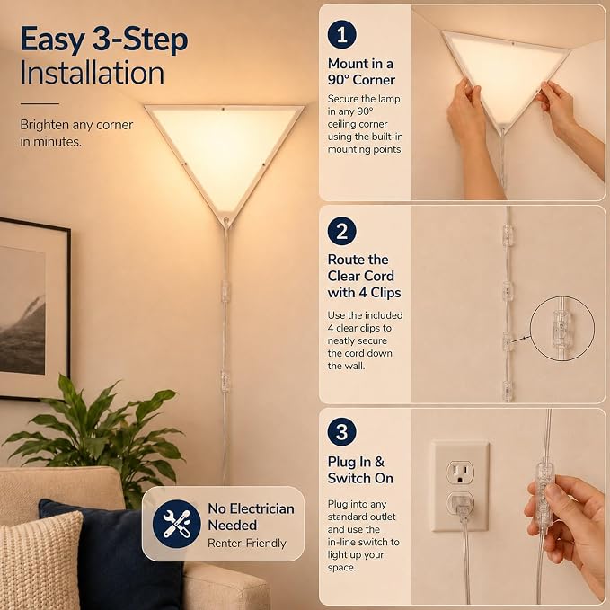 Corner Light with Switch, Triangle Corner Lamp, 2 Pack | White Acrylic Shade, Plug in Ceiling Light Safe for Kids & Pets, Ceiling Corner Lights for Living Room, Bedroom Dark Corner