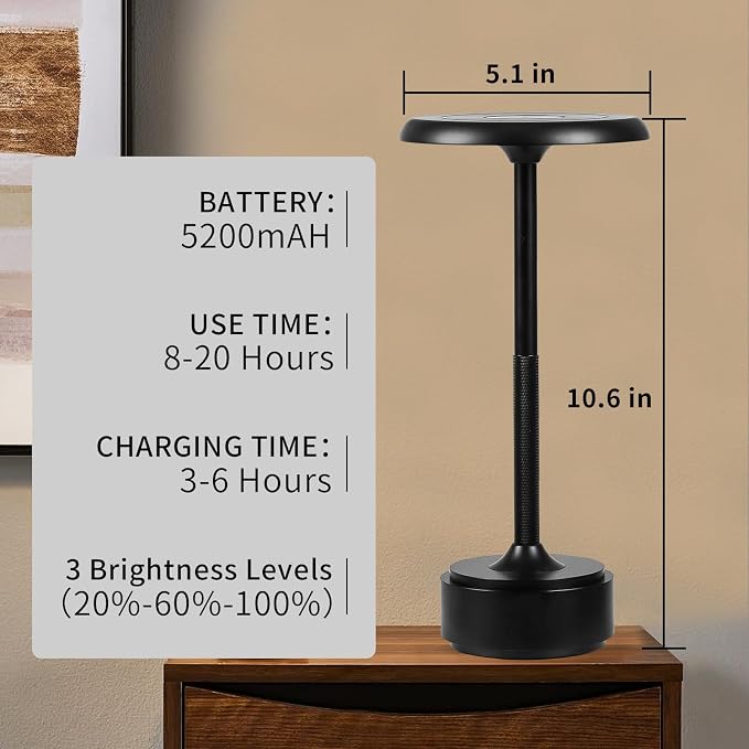Cordless Rechargeable Modern Metal Table Lamp, Touch Dimming, 3-Color | Black 5200mAh Battery, Portable LED Desk Light, Touch Sensor, Suitable for Night Light/Restaurant/Night Stand/Coffee/Bar