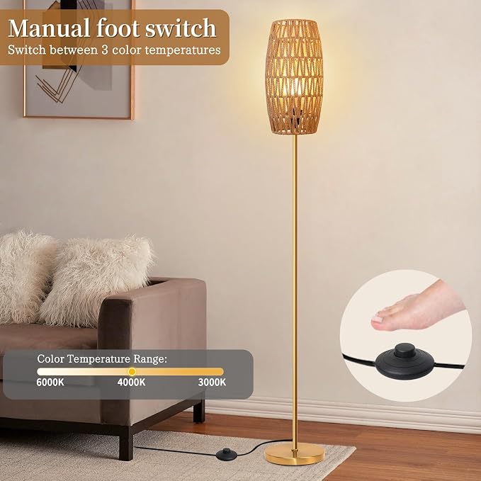 Ruiever Floor Lamp for Living Room,Farmhouse Floor lamp,Modern Standing lamp with Hand-Worked Rattan Shade (Drum Rattan Shade Body Gold Color-3 Color Bulb)