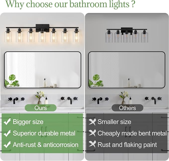 MOKATNG 7-Light Bathroom Light Fixtures, Vanity Light with Clear Glass Shades, Matte Black Bathroom Light Fixtures Over Mirror, Modern Bathroom Wall Lamp for Mirror Living Room Cabinet Bedroom