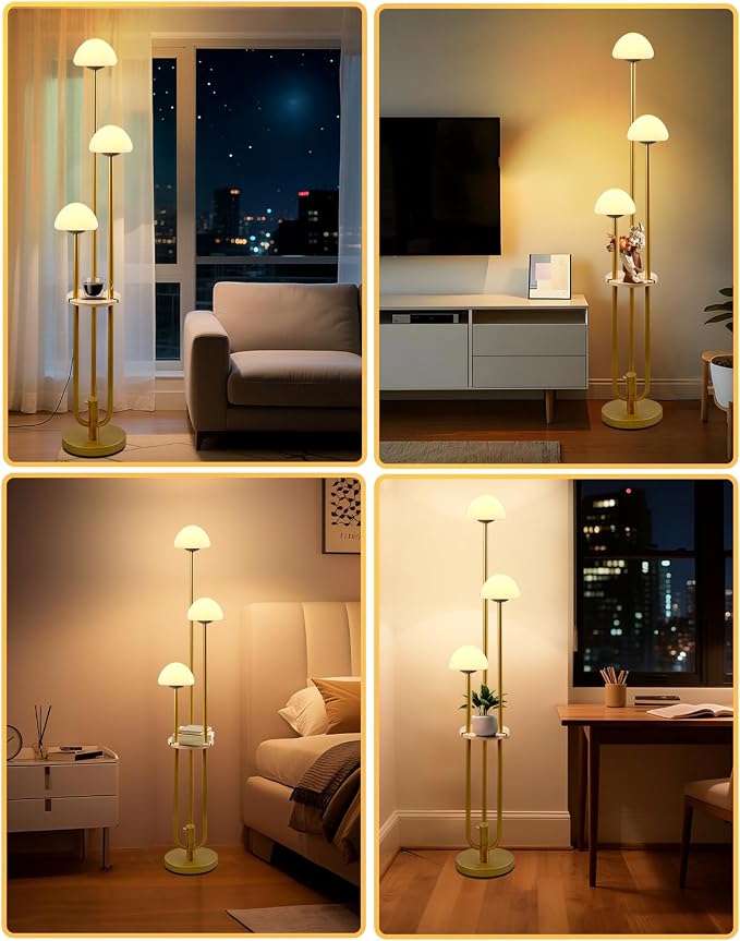 3 Light Mushroom Floor Lamp with Shelf, Dimmable Gold Floor Lamp with Bulbs Included, 3000K Warm White Modern Standing Tall Floor Lamp for Living Room Bedroom Reading Sofa Beside Corner Decor