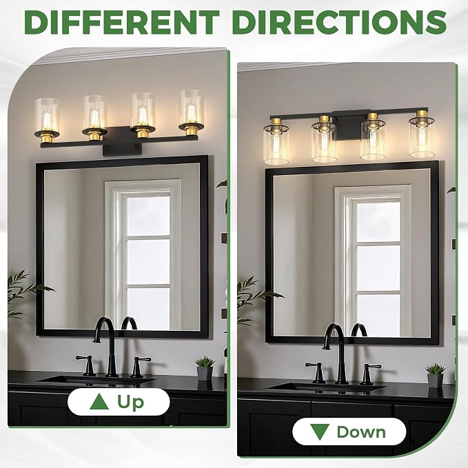 4-Light Black and Gold Bathroom Vanity Light Fixture Over Mirror | Modern Vanity Light Fixture, E26 Vanity Light Fixture With Clear Glass Shade, Wall Sconce for Hallway Bedroom Living Room