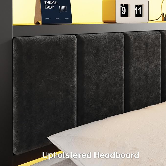 OLEVS Full Size Bed Frame with LED Lights & Charging Station, Modern Platform Bed with Upholstered Storage Headboard, No Box Spring Needed Easy Assembly