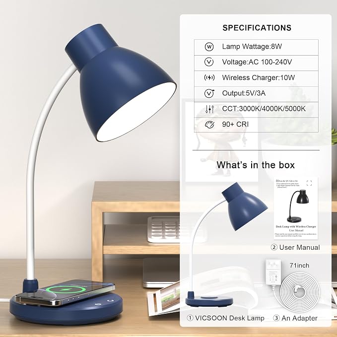 LED Desk Lamp for Home Office with Wireless Charger, Navy Blue | 3 Color Modes Dimmable Eye-Caring Study Reading Dorm Desk Lamp, 360° Flexible Arm Table Lamp for College Dorm Room, 800 Lumen