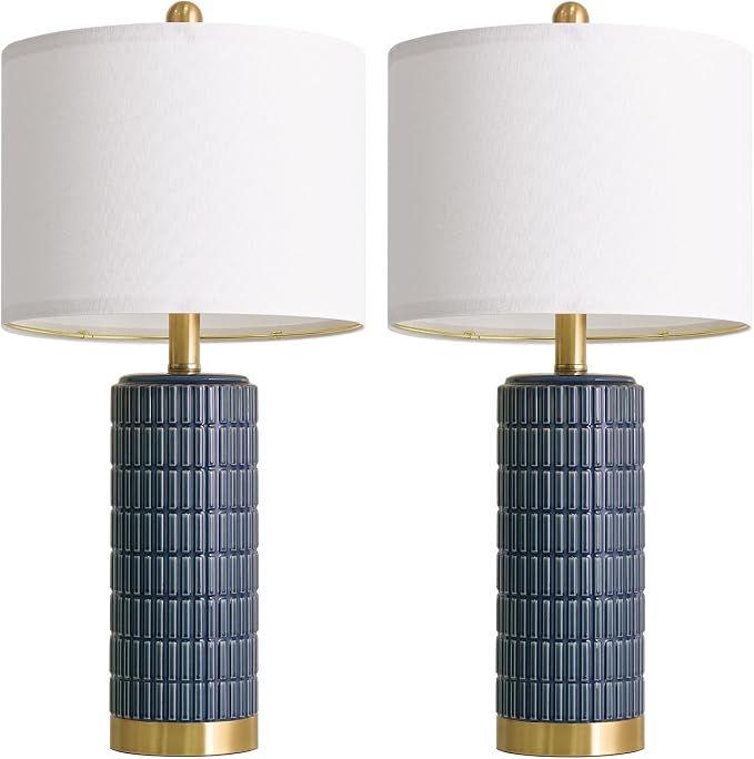 PoKat 25'' Blue Table Lamps for Bedroom Living Room Set of 2, Modern Ceramic Bedside Lamps with Gold Base for Office Sideboard Entryway Side End Table Nightstand Desk Lamps Home Gift (Dark Blue)