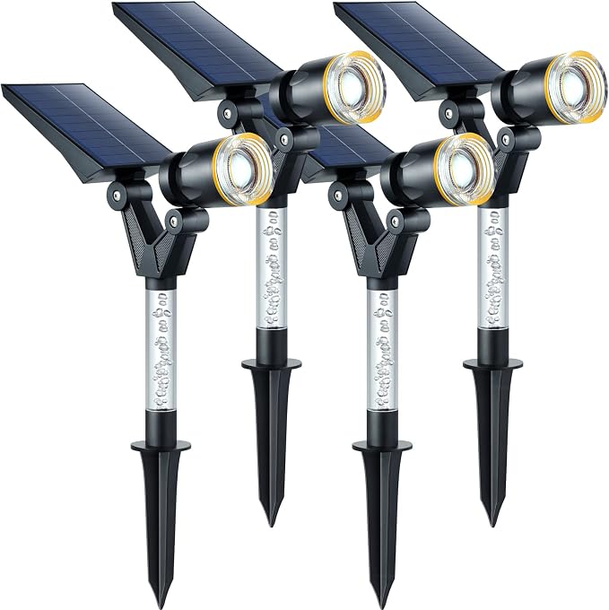 DenicMic Solar Spot Lights Outdoor Waterproof 3000K Lens LED Spotlights | Adjustable Angel Long Range Solar Lights Outdoor for Yard Garden Patio Wall Tree Landscape, Acrylic Lighted Pole, 4 Pack
