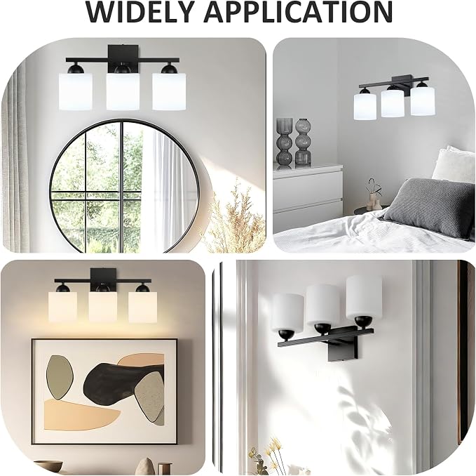 3-Light Matte Black Bathroom Vanity Light, Modern Bathroom Light Fixtures Over Mirror, Farmhouse Wall Sconce with Milky White Glass Shades, E26 Socket