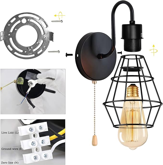 Pull Chain Wall Sconce Wire Cage Wall Light Fixtures with On Off Switch E26 Hardwired Black Metal Farmhouse Vintage Wall Lighting Indoor for Bedroom Living Room Kitchen (1-Light, No Bulb)