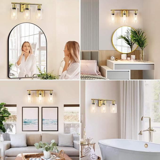 Battery Operated Wall Sconce, 3-Light Dimmable Rechargeable Wireless Vanity Light Fixture with Remote & Bulbs, Gold Indoor Non-Hardwired Decor Wall Lamp for Bedroom, Living Room, Hallway, Mirror
