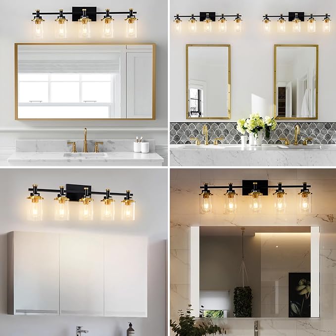 5-Lights Bathroom Light Fixtures, Gold and Black Bathroom Vanity Light Over Mirror, Brushed Gold Bathroom Light Fixtures with Clear Glass Shade for Hallway, Living Room