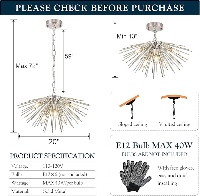 Nickel Sputnik Chandelier 6-Light Starburst Chandelier Ceiling Light Mid Century Modern Satellite Light Fixture Solid Metal Urchin Chandeliers for Entry Dining Room Kitchen Sink Bathtub