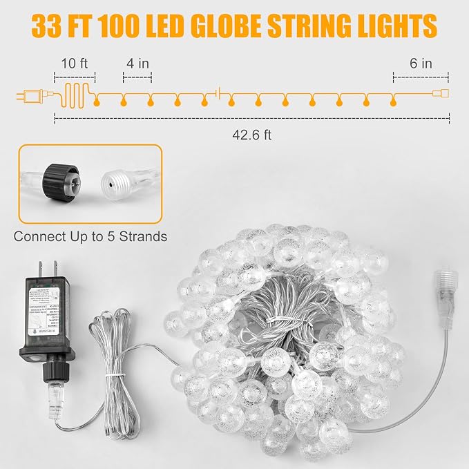 Minetom Globe String Lights - Plug in 33 ft 100 LED Crystal Globe Fairy Lights with 8 Lighting Modes and Remote for Patio Yard Porch Garden Pool Tent Beach Bedroom Wedding Party Decor, Warm White