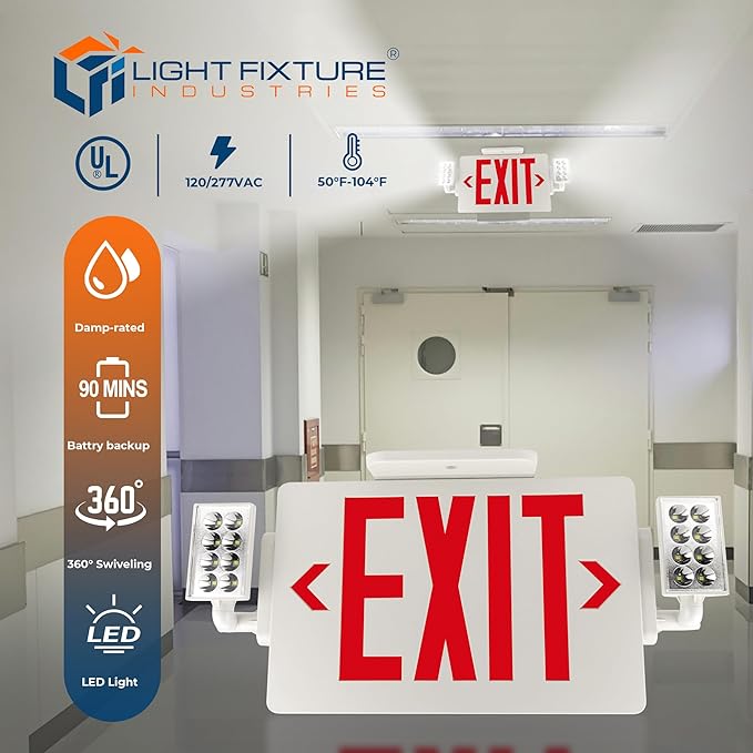 LFI Lights® Thin COMBO UL 924 Listed, Red LED, Exit Sign with Emergency Lights, White, 120-277VAC Hardwired with Battery Backup, Optional Double Face and Knock Out Arrows COMBOTRWBB