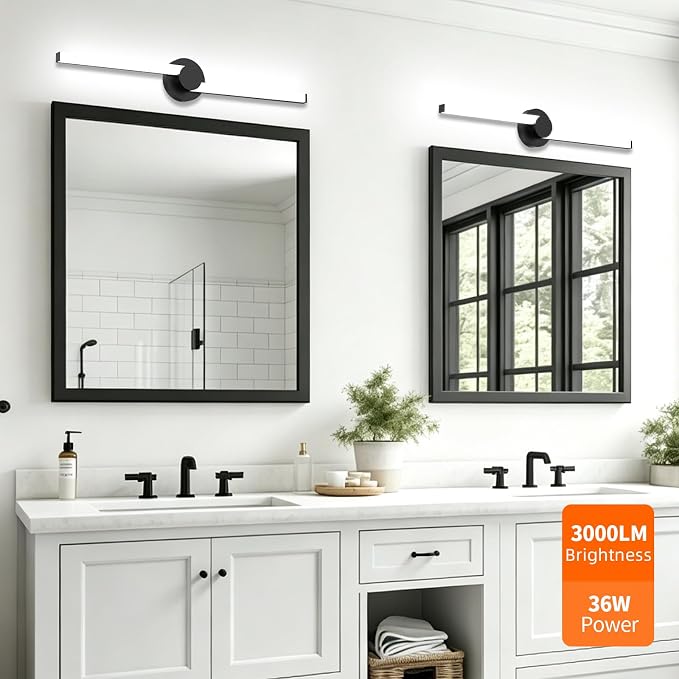 Bathroom Lighting Fixtures Over Mirror: 30 Inch Rotatable Bathroom Vanity Light ETL Listed - Modern Black Vanity Lighting Fixtures 5700K Cool White 3000LM 36W IP44 - LED Vanity Light Dimmable(1 Pack)