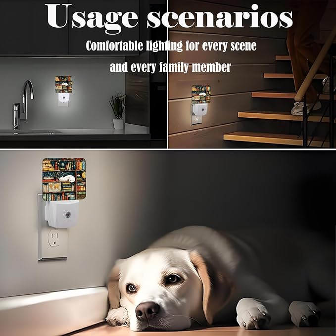 Sleeping Cat and Bookshelf Night Light,Plug-in Night Lights with Dusk-to-Dawn Sensor for Stairway,Hallway,Bedroom Sleep Friendly Ideal for Women/Girls/Boys Gift,0.5w