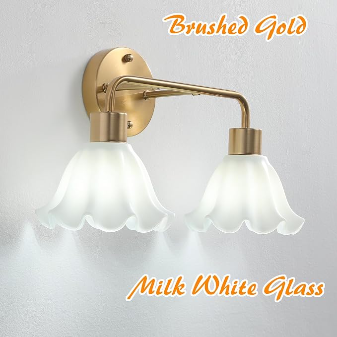 4 Light Gold Brass Bathroom Light Fixture,Brush Gold Vanity Lighting Over Mirror,Cute White Glass Flower Lampshade,Wall Sconces,E26 Socket(Bulbs Not Included)
