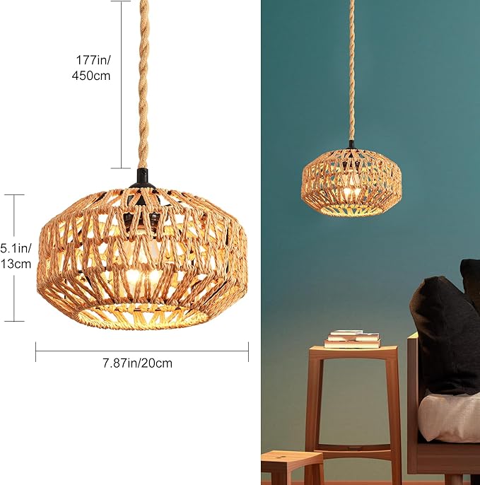 2 Pack Plug in Pendant Light Rattan Hanging Lamp with Switch,Mini Rattan Boho Semi Flush Mount Ceiling Light,Hand Woven Hallway Light Fixtures for Bedroom Entryway